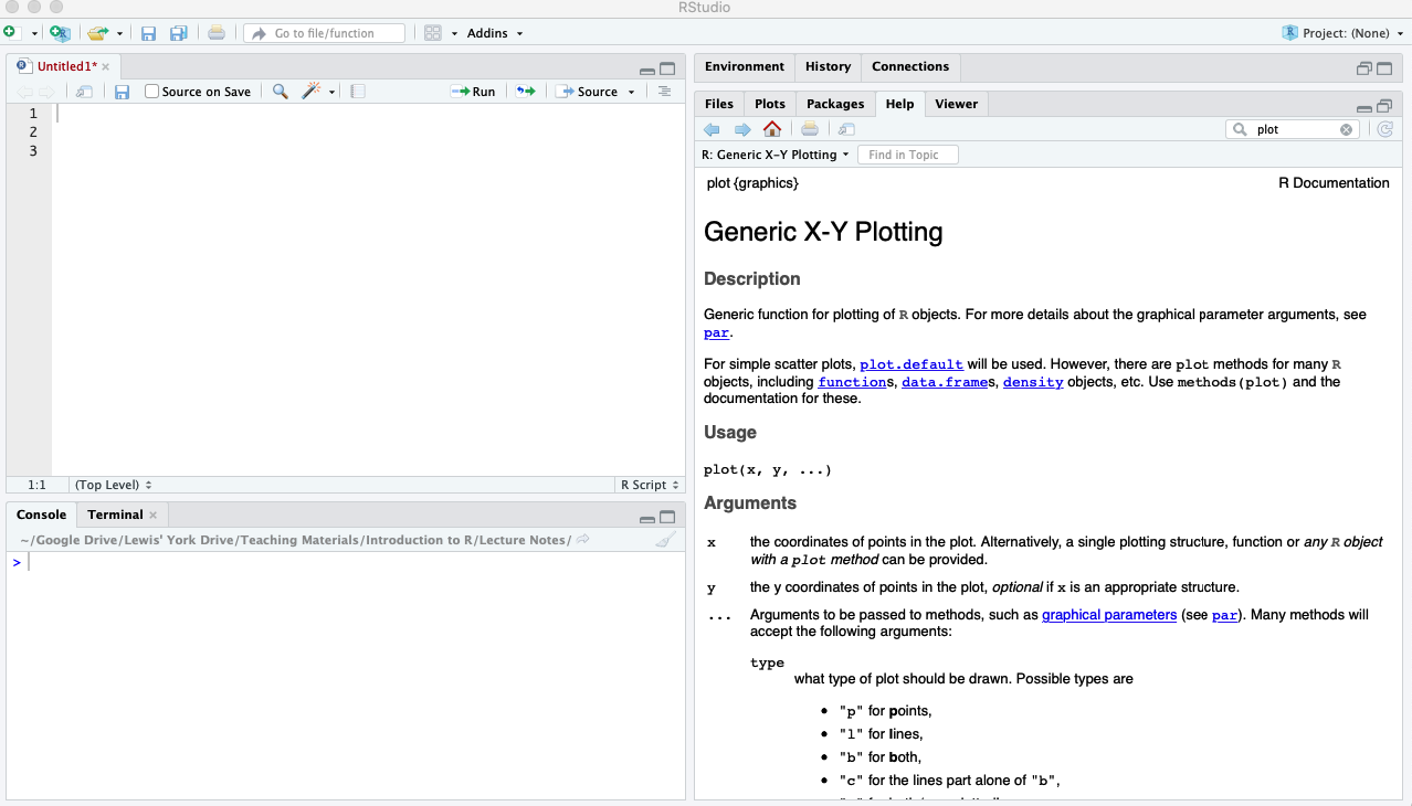 Using the 'Help' tab for the `plot()` function.