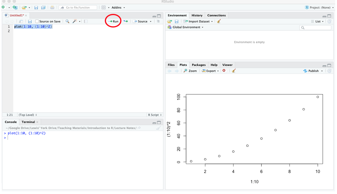 Executing code from a script in R.